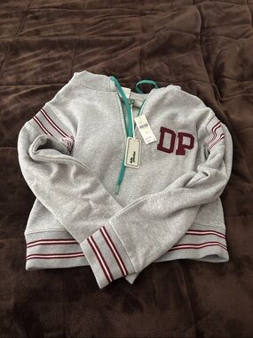 Anthropologie Gray Hoodie with Maroon Lettering and Stripe Accents